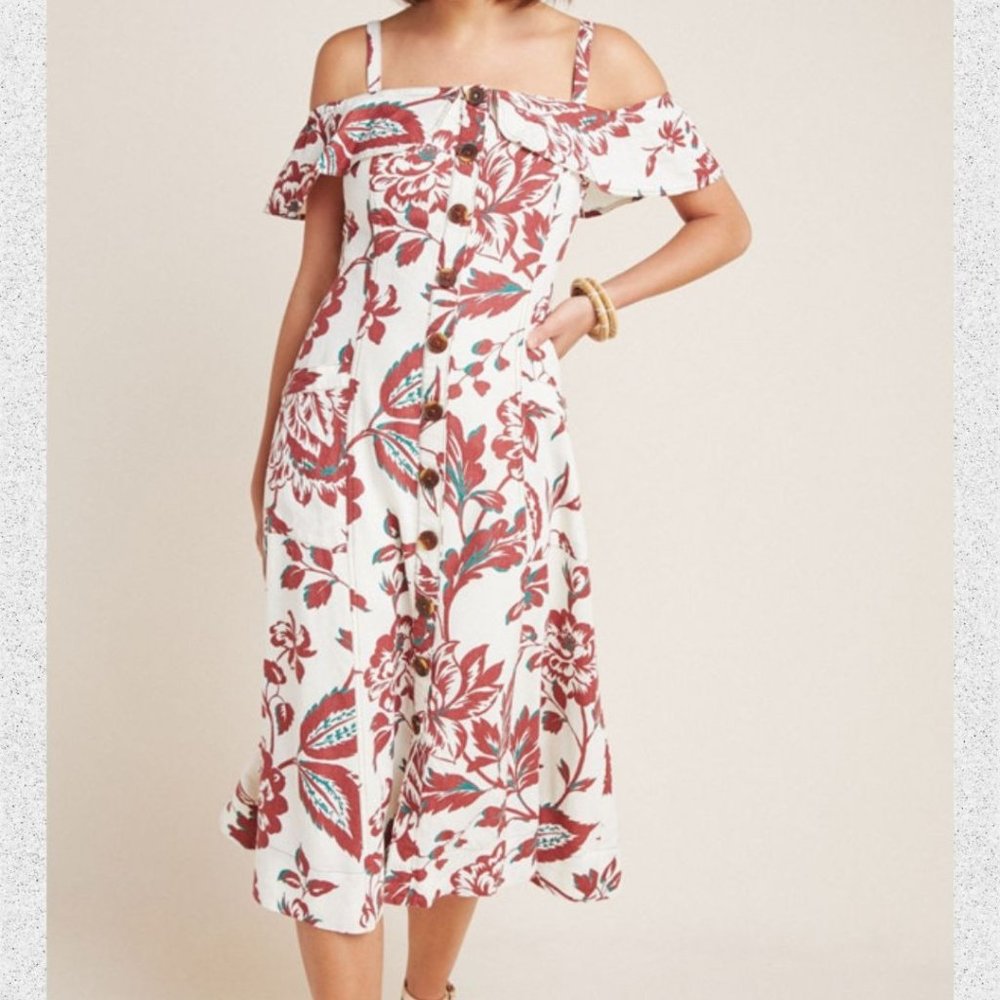 NWT By Anthropologie Oahu Red/Cream Hawaiian Floral Midi Dress - 6